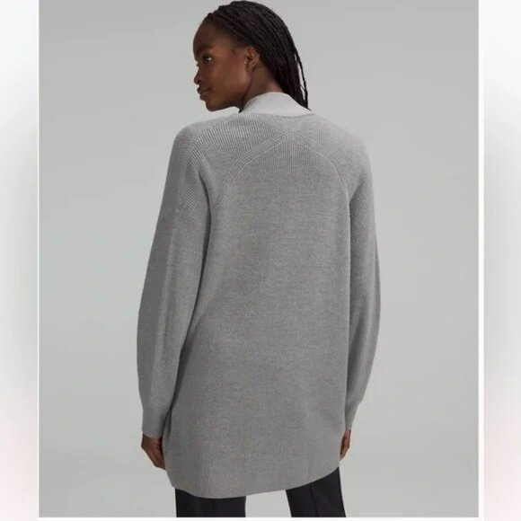 Lululemon Knit Cardigan Merino Wool Cotton Blend Gray Pockets Long Length - Picture 1 of 6
